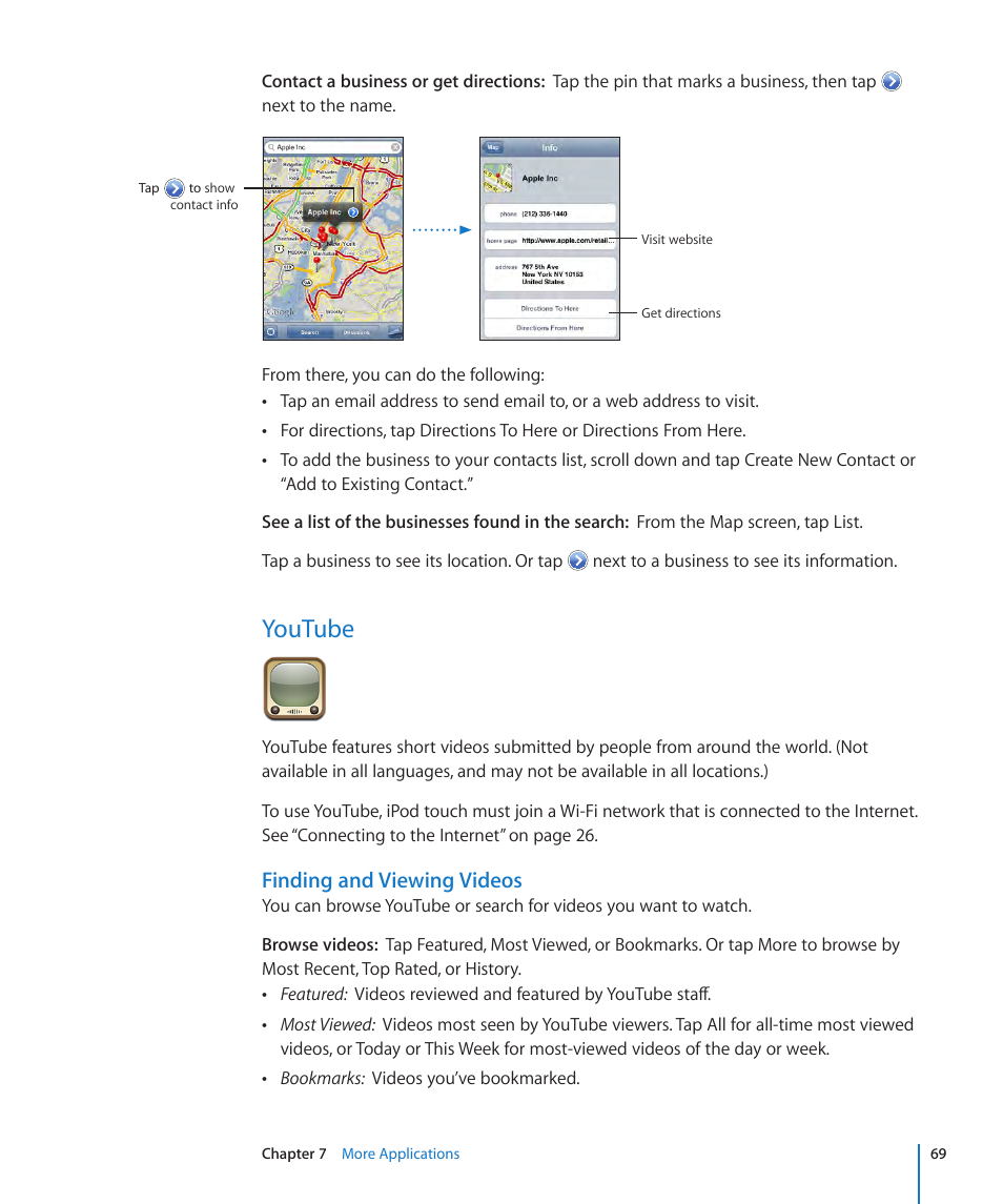 Youtube, 69 youtube, Finding and viewing videos | Apple iPod touch iOS 2.1 User Manual | Page 69 / 122