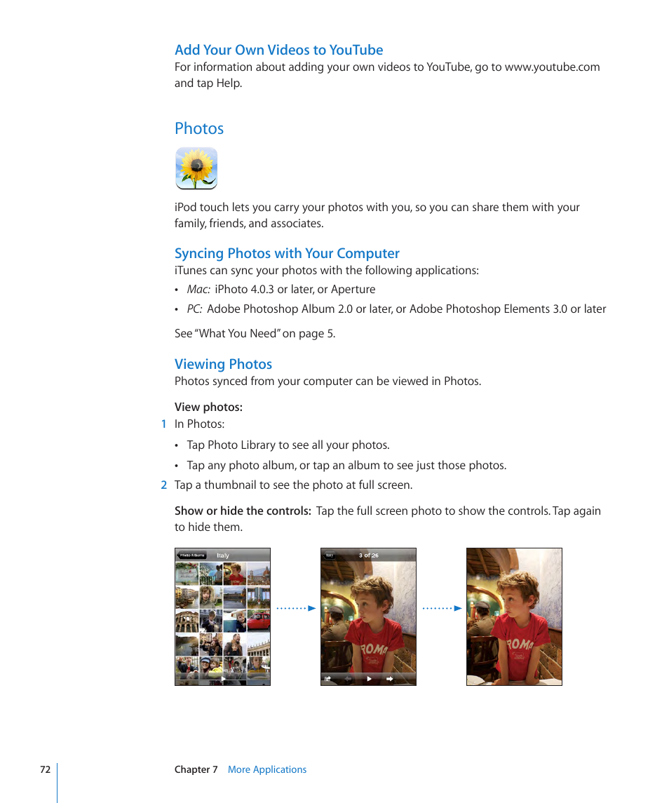 Photos, 72 photos, Add your own videos to youtube | Syncing photos with your computer, Viewing photos | Apple iPod touch iOS 2.1 User Manual | Page 72 / 122