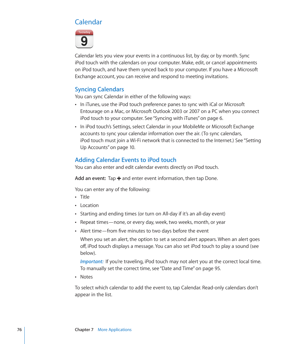 Calendar, 76 calendar, Syncing calendars | Adding calendar events to ipod touch | Apple iPod touch iOS 2.1 User Manual | Page 76 / 122