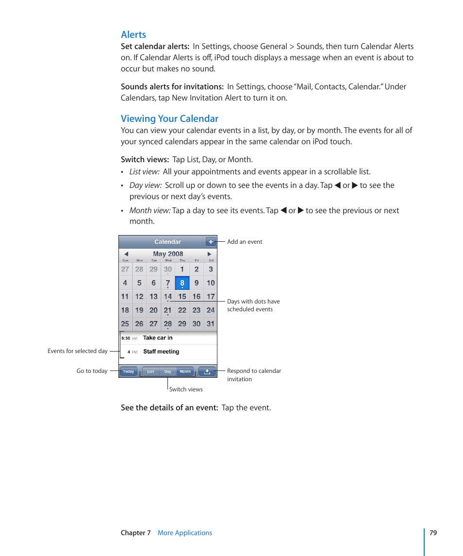 Alerts, Viewing your calendar | Apple iPod touch iOS 2.1 User Manual | Page 79 / 122