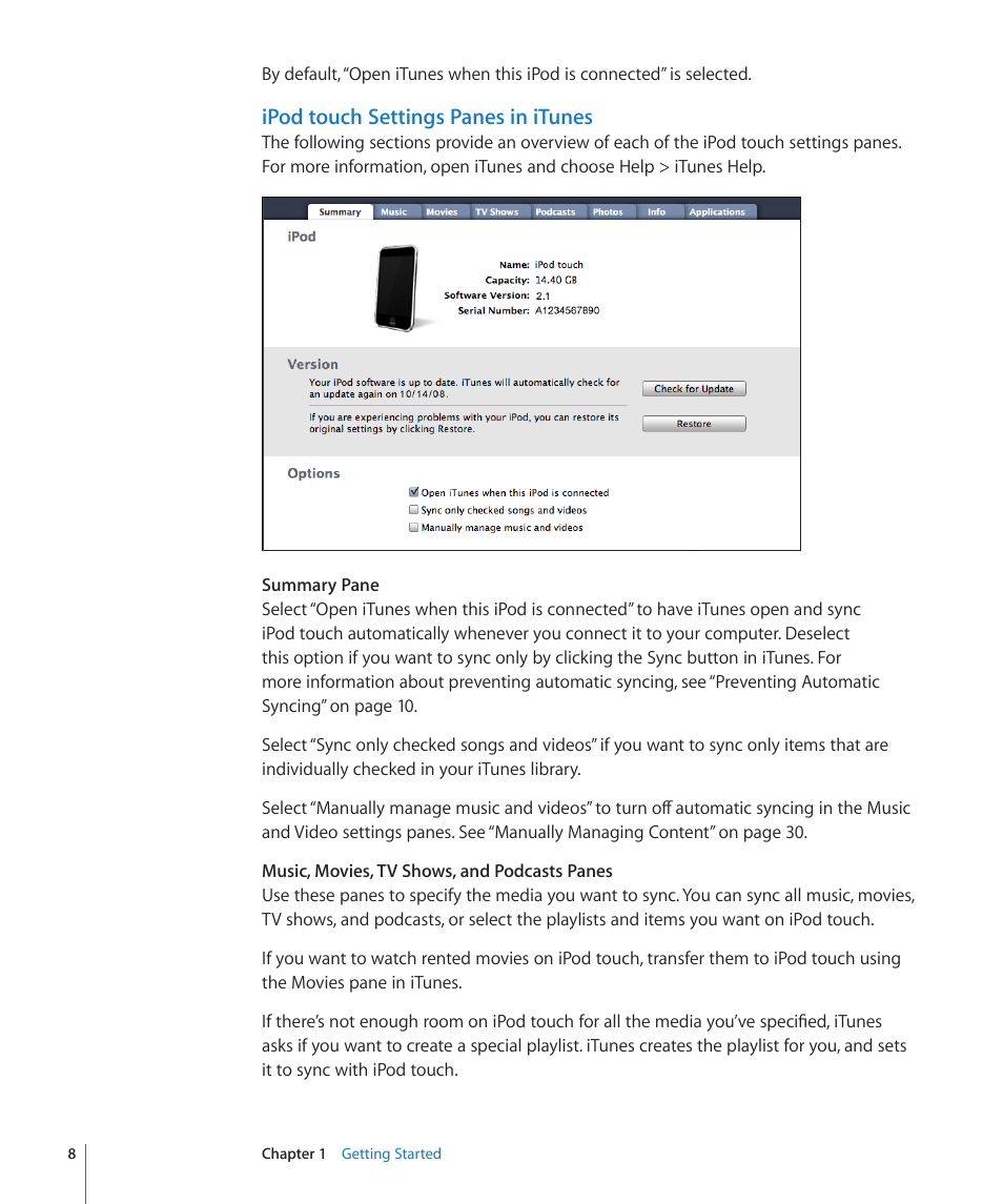 Ipod touch settings panes in itunes | Apple iPod touch iOS 2.1 User Manual | Page 8 / 122