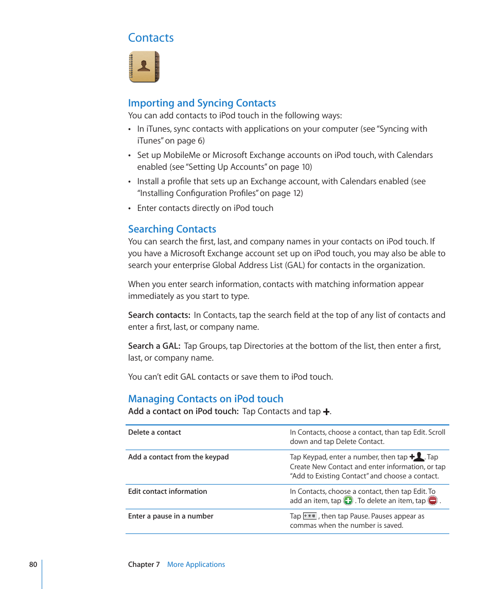 Contacts, 80 contacts, Importing and syncing contacts | Searching contacts, Managing contacts on ipod touch | Apple iPod touch iOS 2.1 User Manual | Page 80 / 122