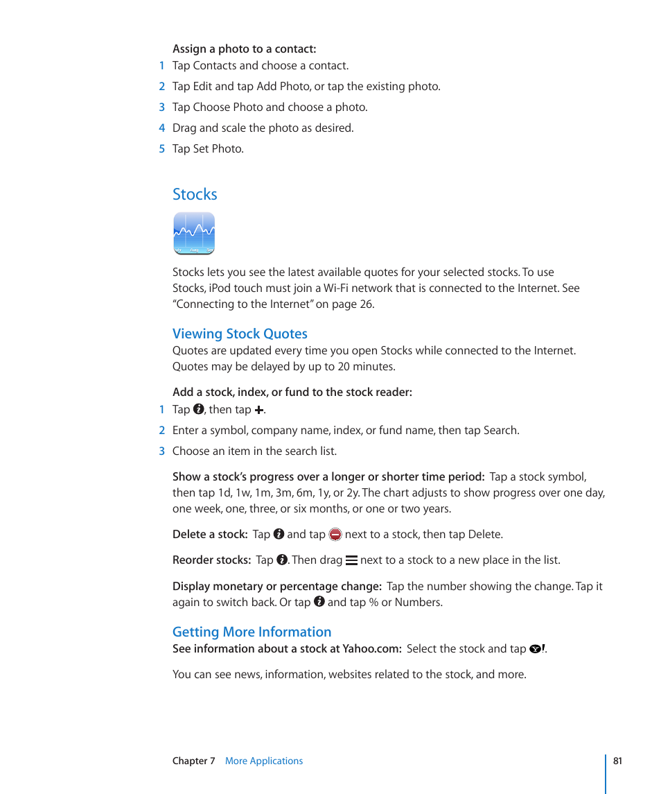 Stocks, 81 stocks, Viewing stock quotes | Getting more information | Apple iPod touch iOS 2.1 User Manual | Page 81 / 122