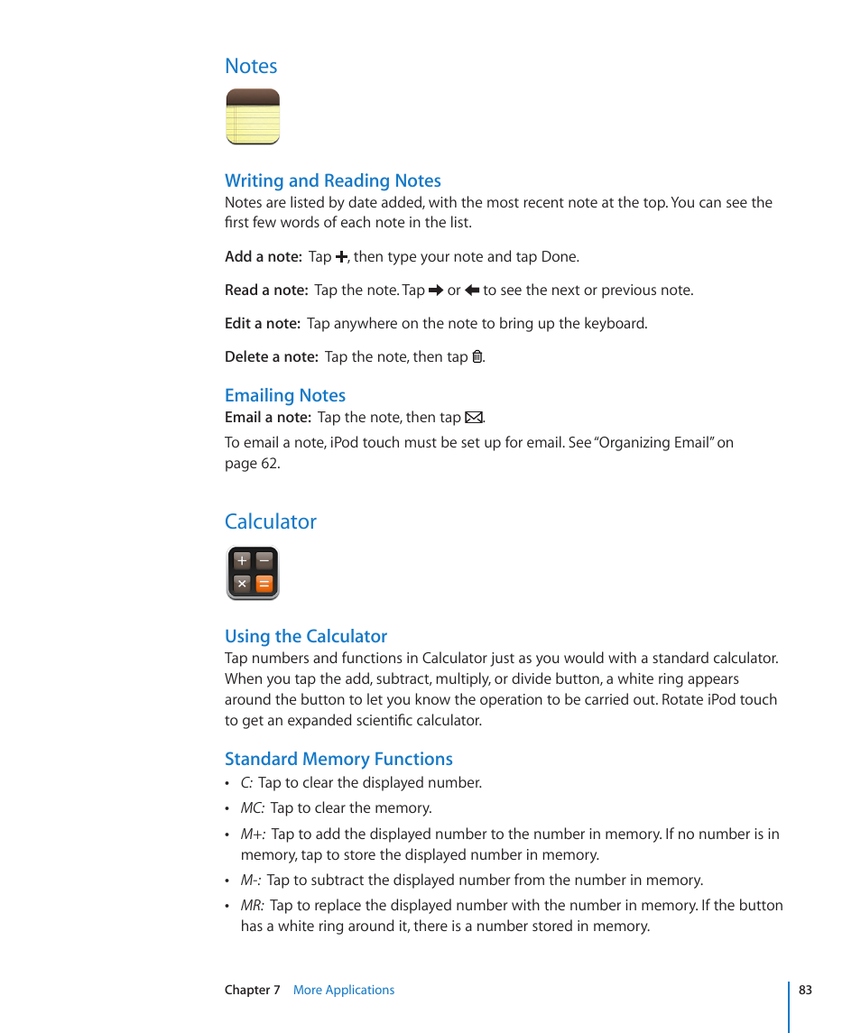 Notes, Calculator, 83 notes 83 calculator | Using the calculator | Apple iPod touch iOS 2.1 User Manual | Page 83 / 122