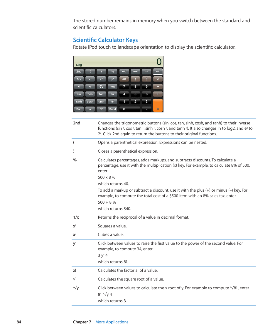 Scientific calculator keys | Apple iPod touch iOS 2.1 User Manual | Page 84 / 122