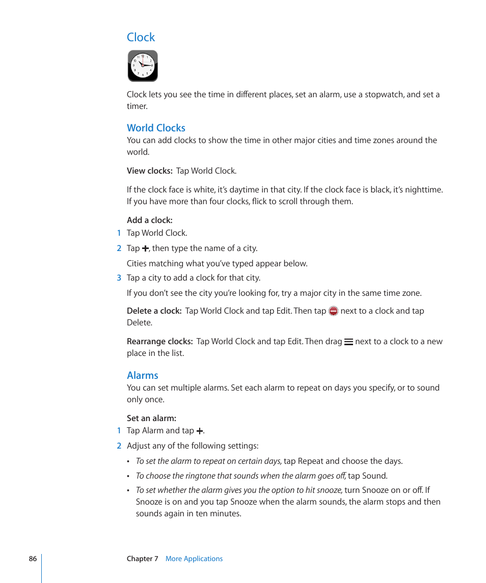 Clock, 86 clock, World clocks | Alarms | Apple iPod touch iOS 2.1 User Manual | Page 86 / 122