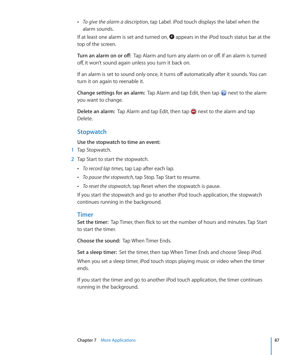 Stopwatch, Timer | Apple iPod touch iOS 2.1 User Manual | Page 87 / 122