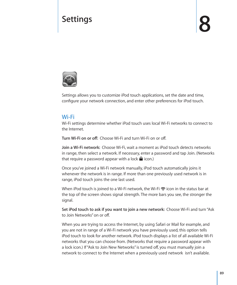 Chapter 8: settings, Wi-fi, 89 wi-fi | Settings | Apple iPod touch iOS 2.1 User Manual | Page 89 / 122