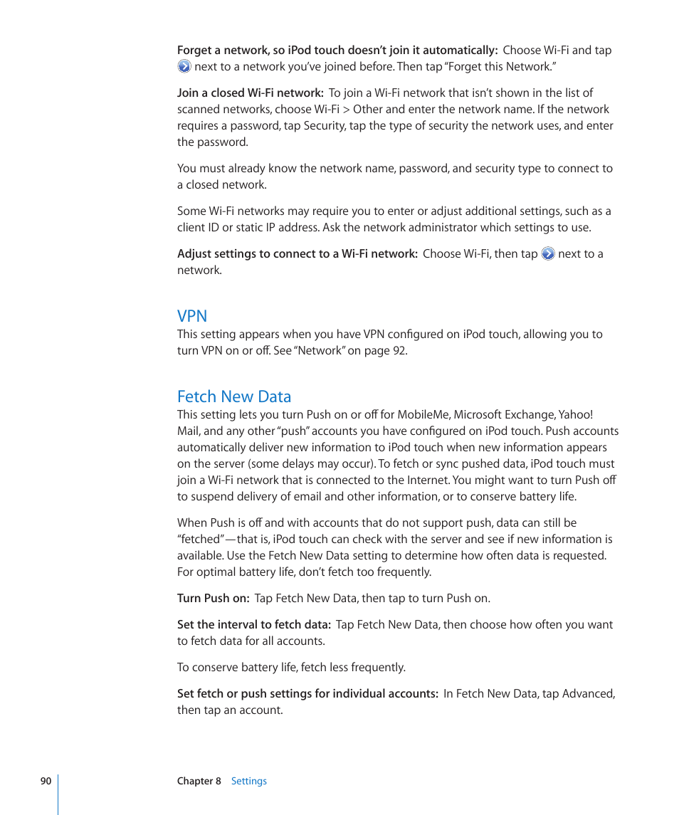Fetch new data, 90 vpn 90 fetch new data | Apple iPod touch iOS 2.1 User Manual | Page 90 / 122