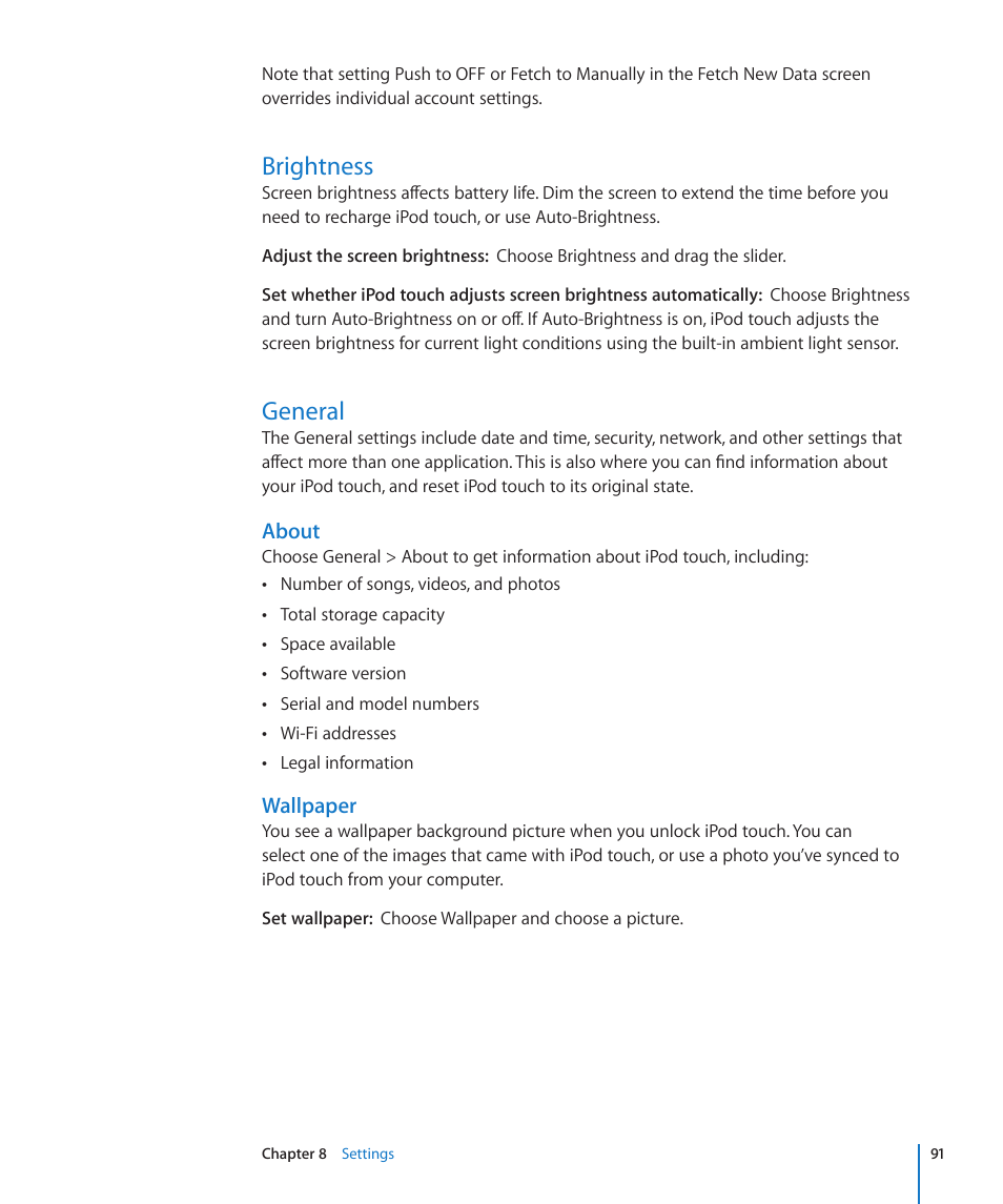 Brightness, General, 91 brightness 91 general | About, Wallpaper | Apple iPod touch iOS 2.1 User Manual | Page 91 / 122
