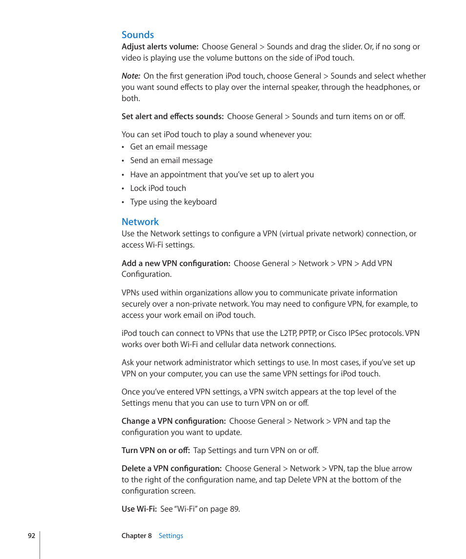 Network, Sounds | Apple iPod touch iOS 2.1 User Manual | Page 92 / 122