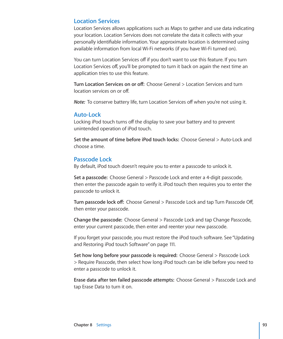 Auto-lock, Passcode lock, Location services | Apple iPod touch iOS 2.1 User Manual | Page 93 / 122