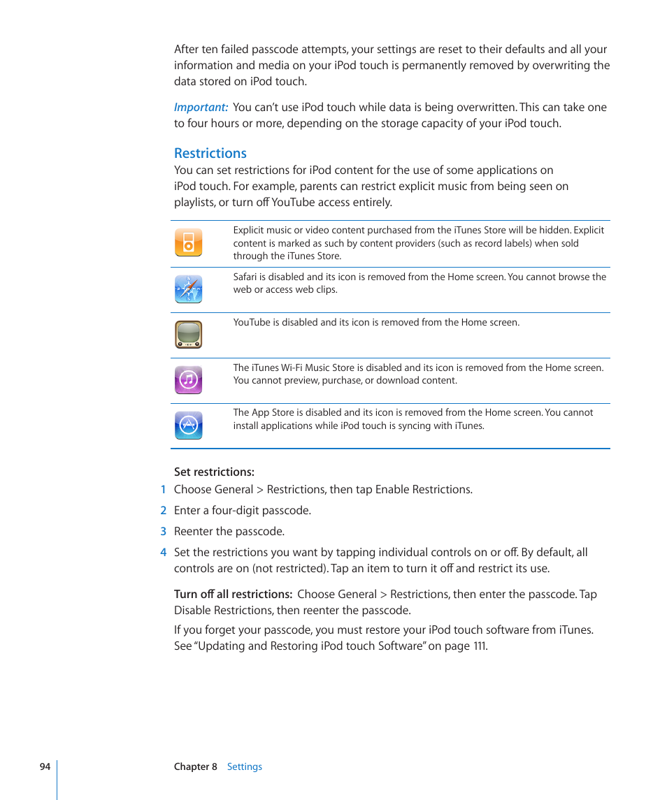 Restrictions | Apple iPod touch iOS 2.1 User Manual | Page 94 / 122