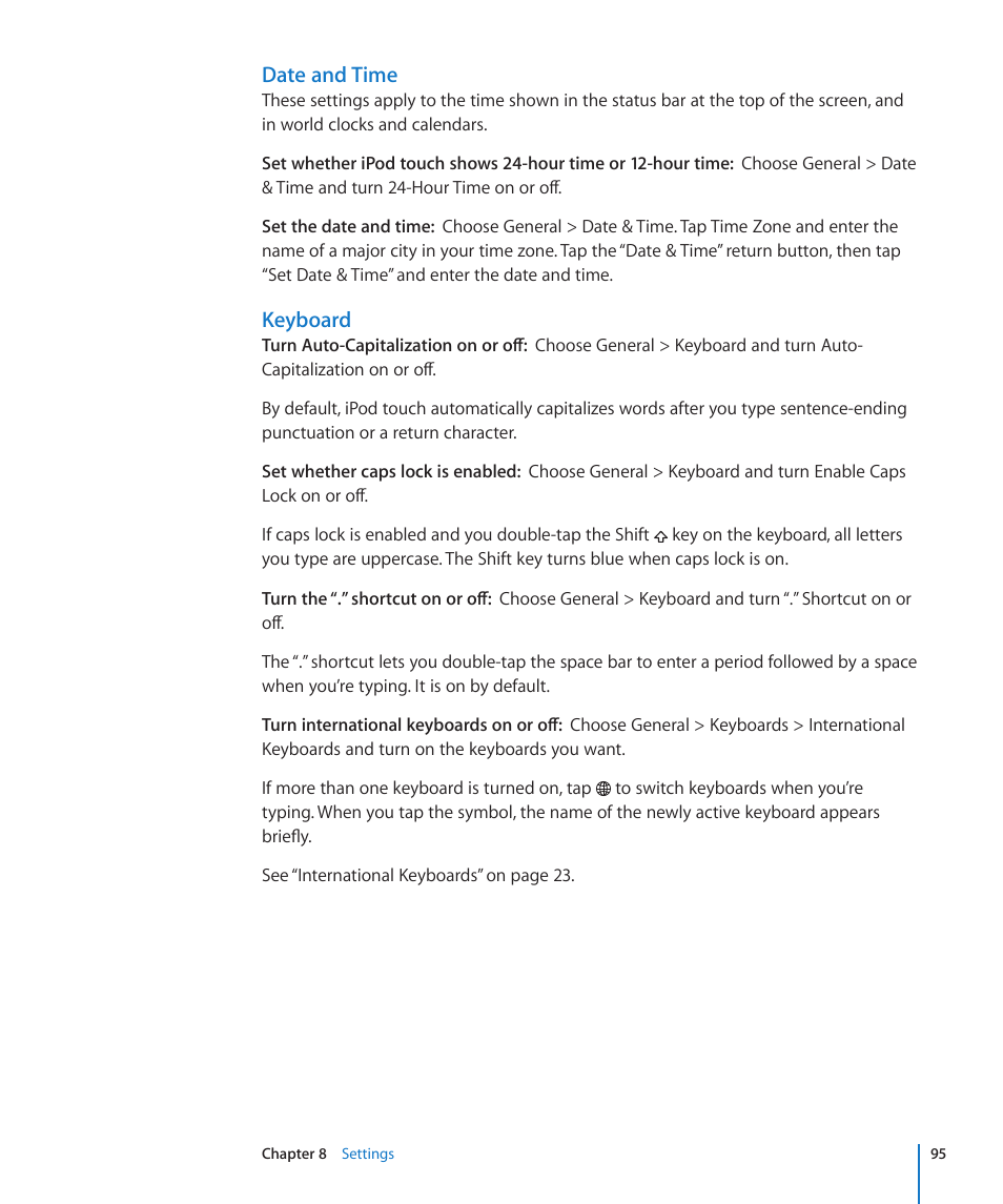 Date and time, Keyboard | Apple iPod touch iOS 2.1 User Manual | Page 95 / 122
