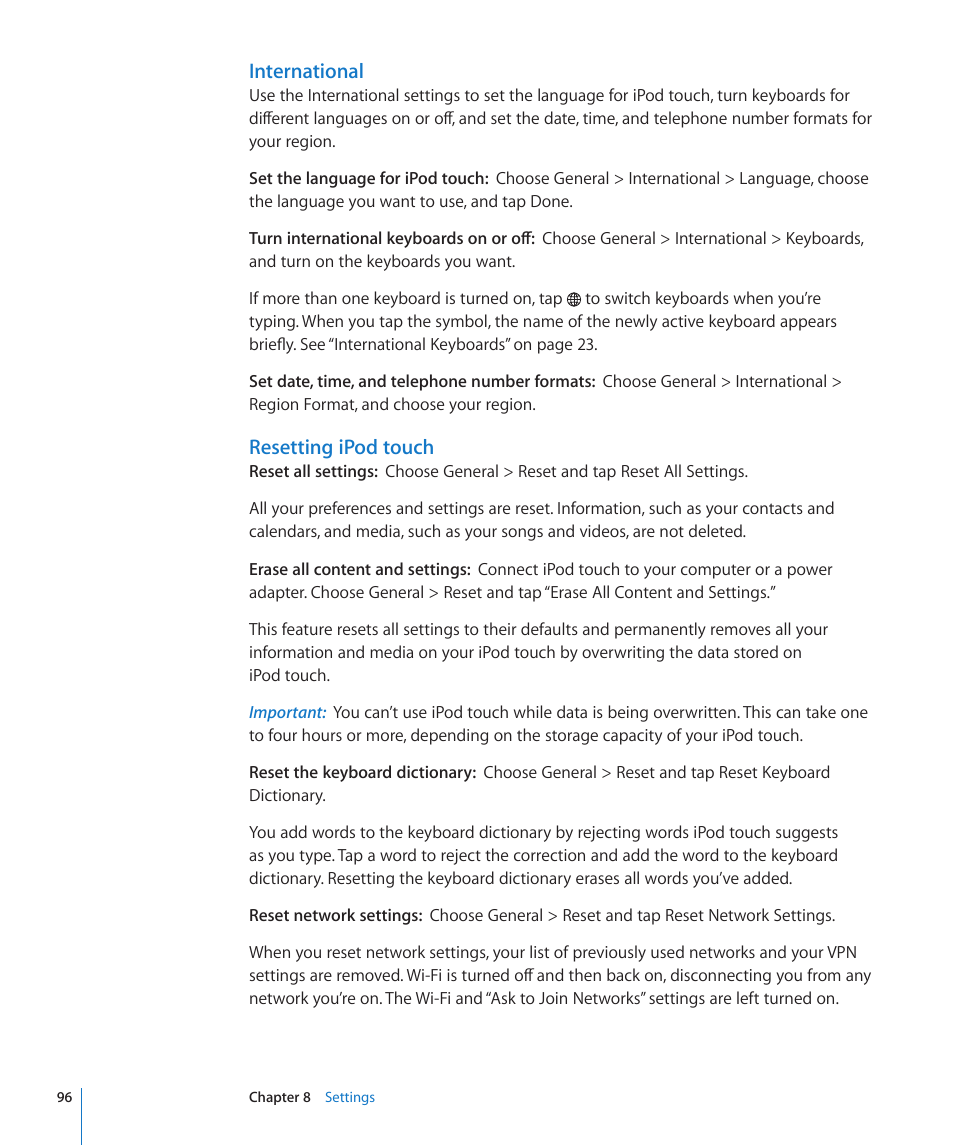 International, Resetting ipod touch | Apple iPod touch iOS 2.1 User Manual | Page 96 / 122