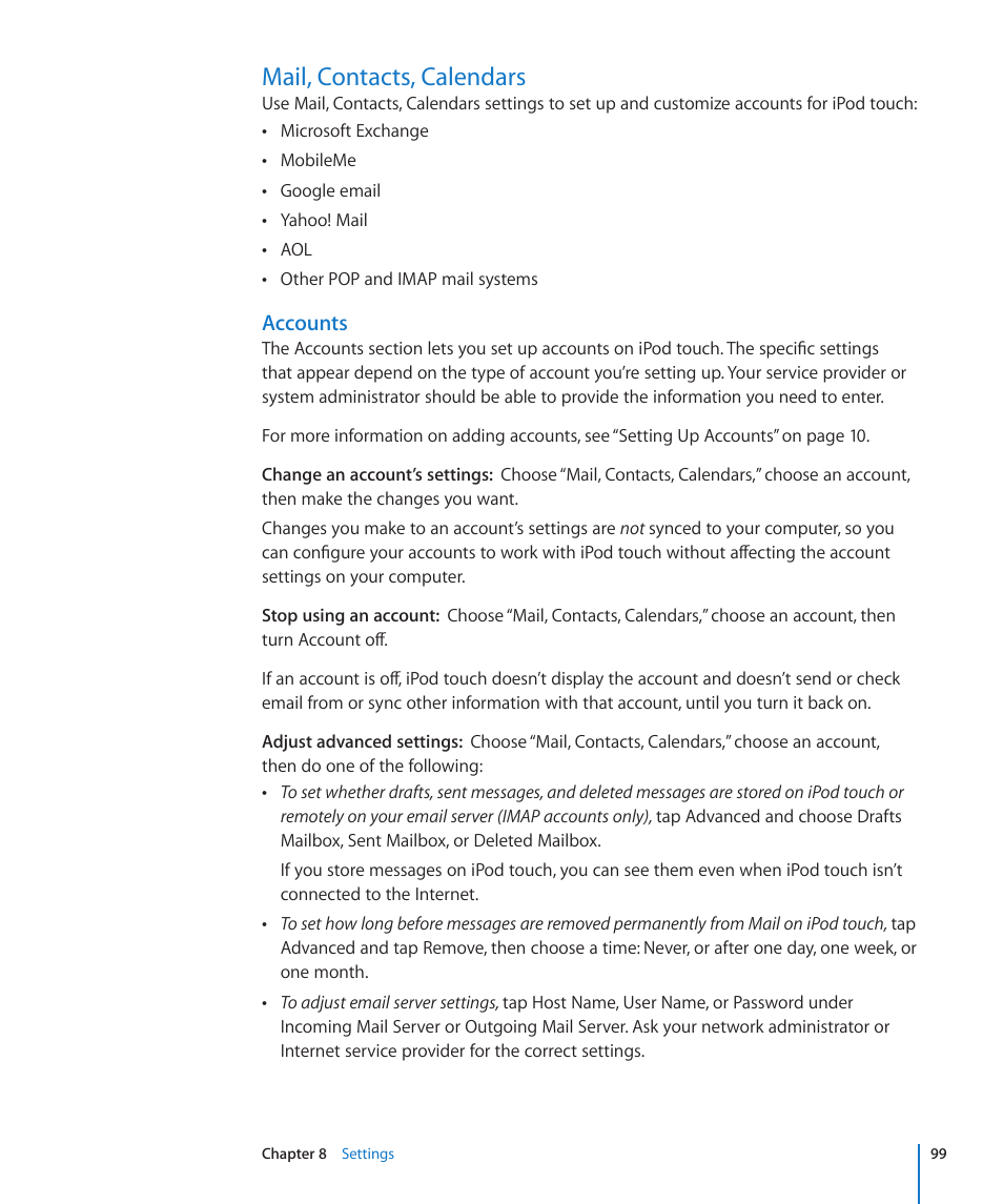 Mail, contacts, calendars, 99 mail, contacts, calendars, Accounts | Apple iPod touch iOS 2.1 User Manual | Page 99 / 122