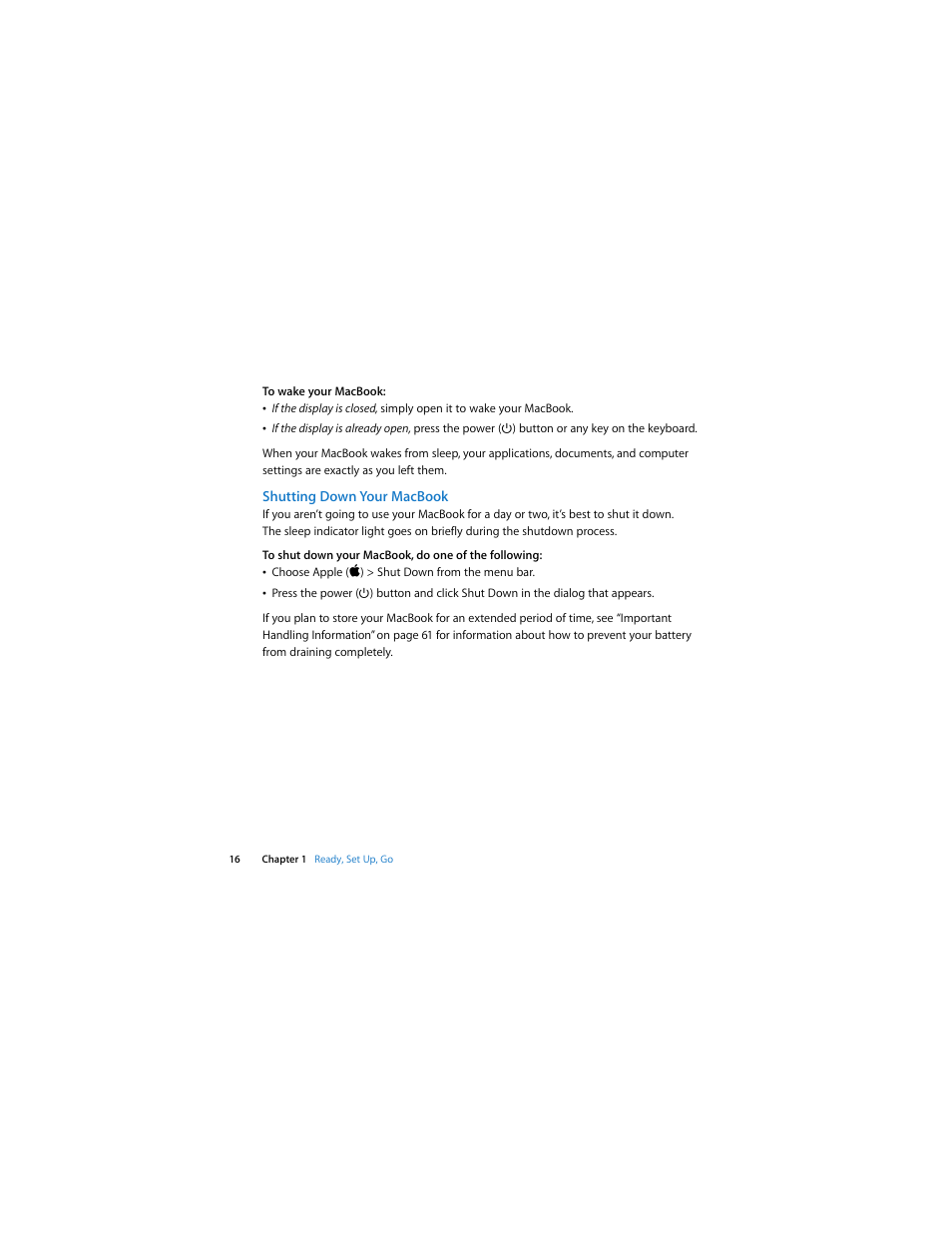 Shutting down your macbook | Apple MacBook (13-inch, Late 2007) User Manual | Page 16 / 80