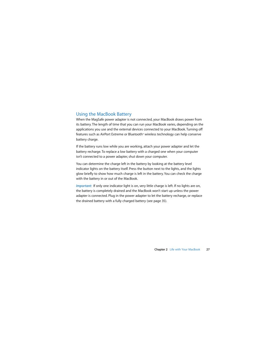 Using the macbook battery | Apple MacBook (13-inch, Late 2007) User Manual | Page 27 / 80