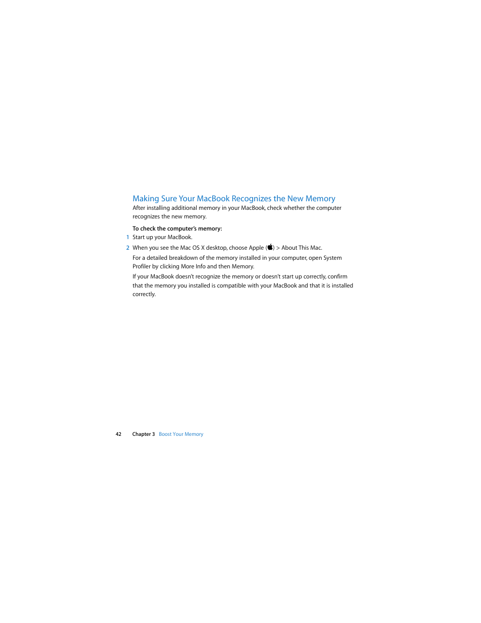 Making sure your macbook recognizes the new memory | Apple MacBook (13-inch, Late 2007) User Manual | Page 42 / 80