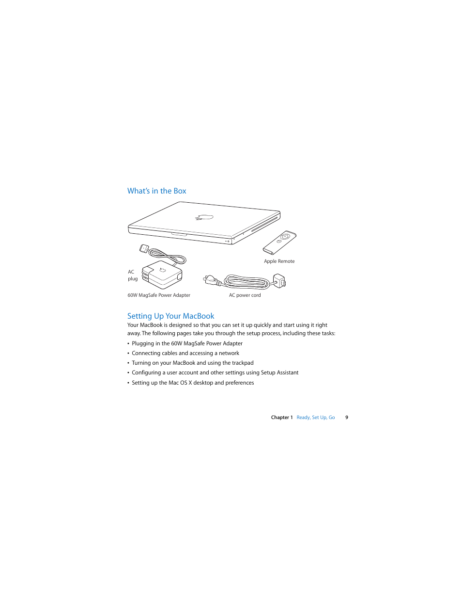 What’s in the box, Setting up your macbook, What’s in the box setting up your macbook | Apple MacBook (13-inch, Late 2007) User Manual | Page 9 / 80