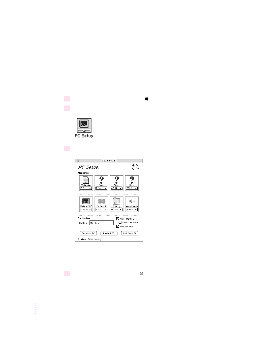 Switching between the mac os and pc environments, Switching with the pc setup control panel | Apple Power Macintosh 7300 series - PC Compatibility Card User Manual | Page 58 / 187