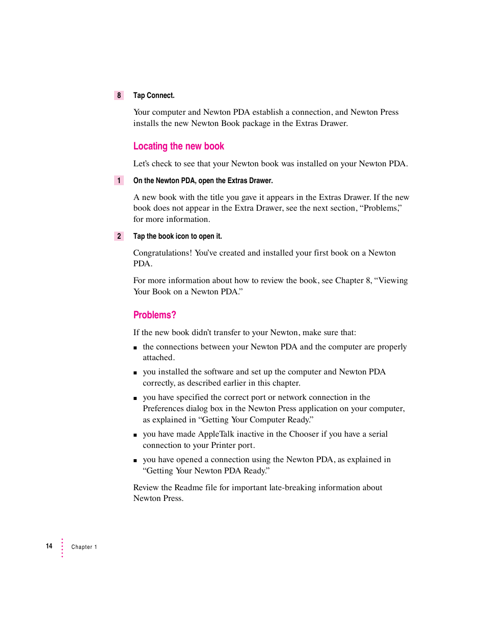 Locating the new book, Problems | Apple Newton Press (Macintosh) User Manual | Page 14 / 103