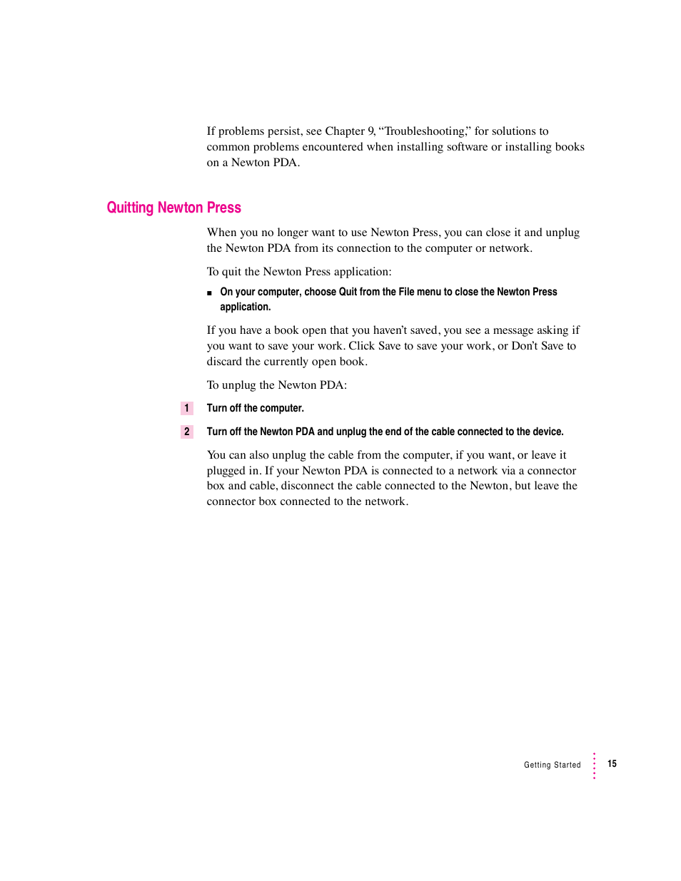 Quitting newton press | Apple Newton Press (Macintosh) User Manual | Page 15 / 103