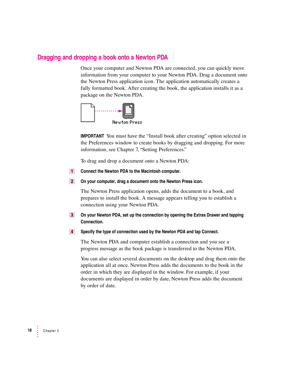Dragging and dropping a book onto a newton pda | Apple Newton Press (Macintosh) User Manual | Page 18 / 103
