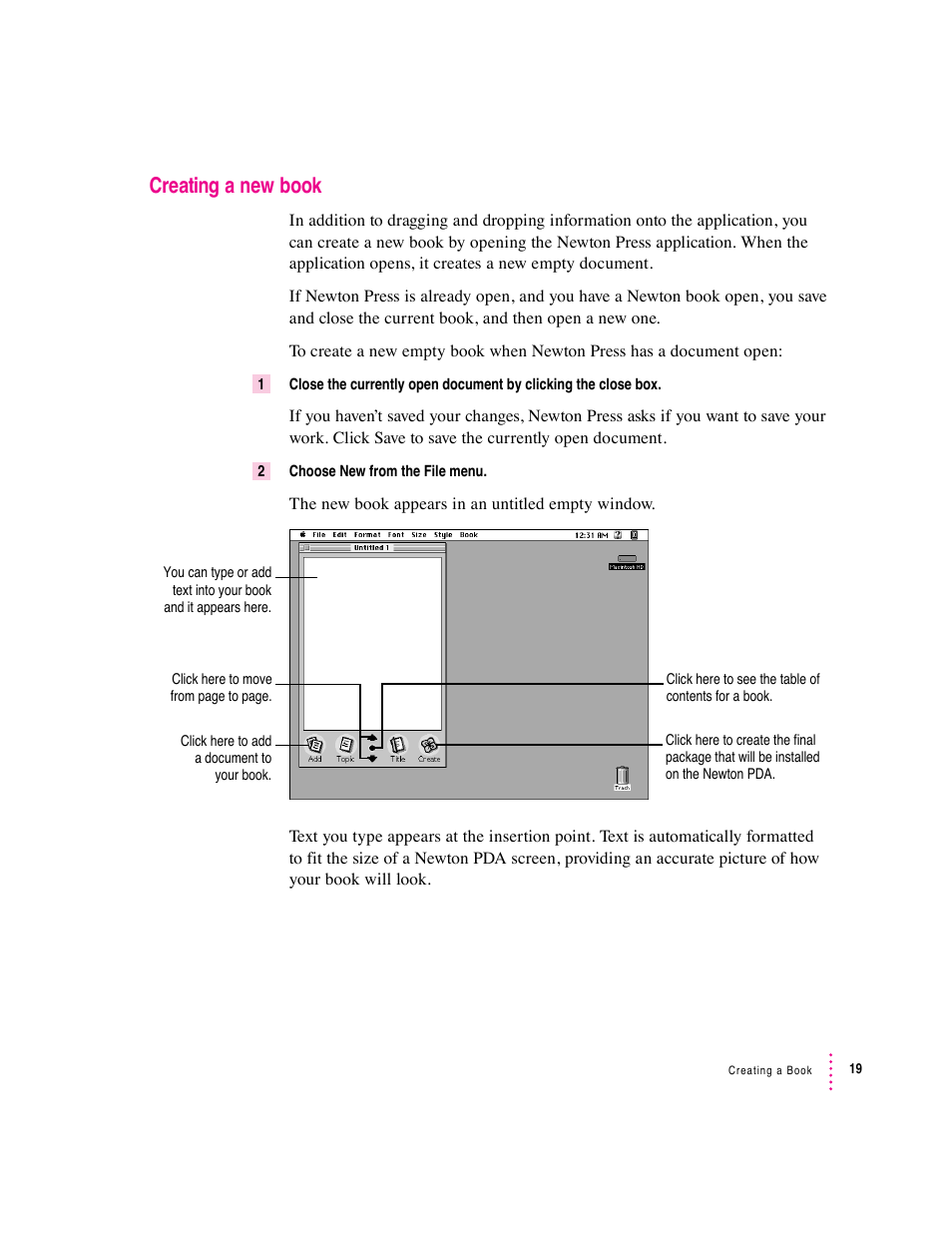 Creating a new book | Apple Newton Press (Macintosh) User Manual | Page 19 / 103