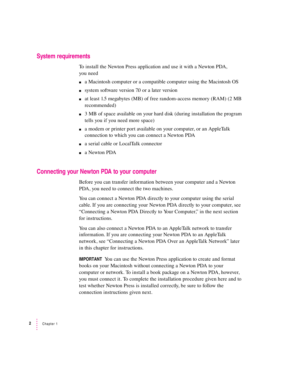 System requirements, Connecting your newton pda to your computer | Apple Newton Press (Macintosh) User Manual | Page 2 / 103