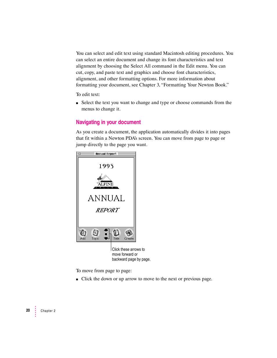 Navigating in your document | Apple Newton Press (Macintosh) User Manual | Page 20 / 103