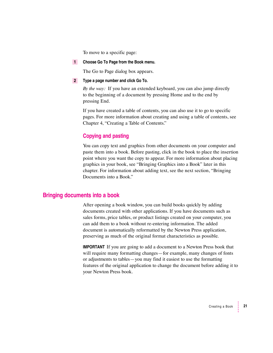 Bringing documents into a book, Copying and pasting | Apple Newton Press (Macintosh) User Manual | Page 21 / 103