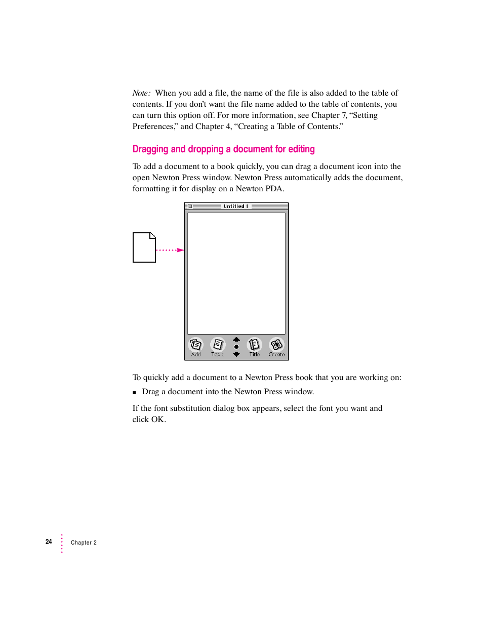 Dragging and dropping a document for editing | Apple Newton Press (Macintosh) User Manual | Page 24 / 103