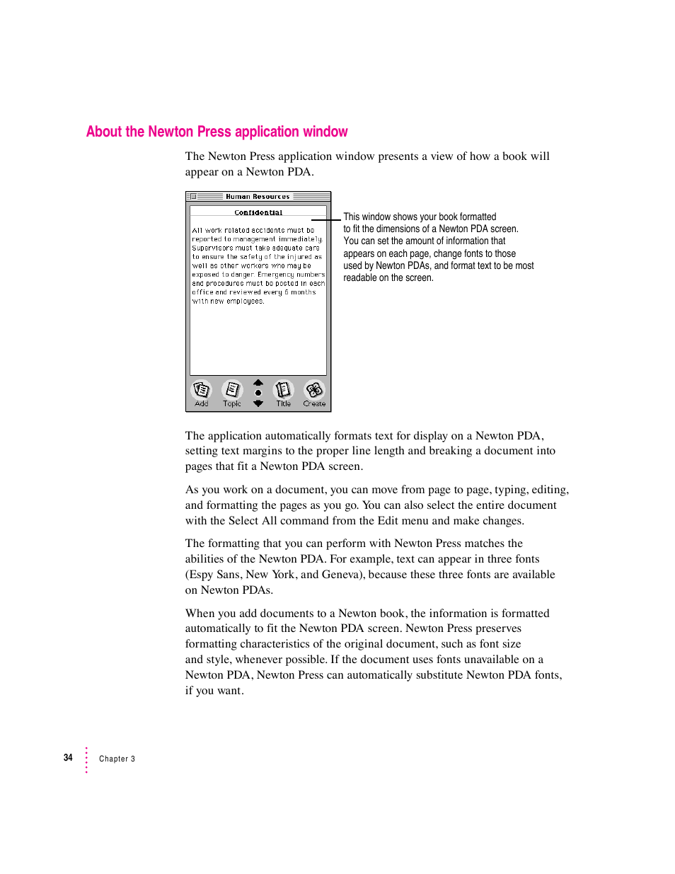 About the newton press application window | Apple Newton Press (Macintosh) User Manual | Page 34 / 103