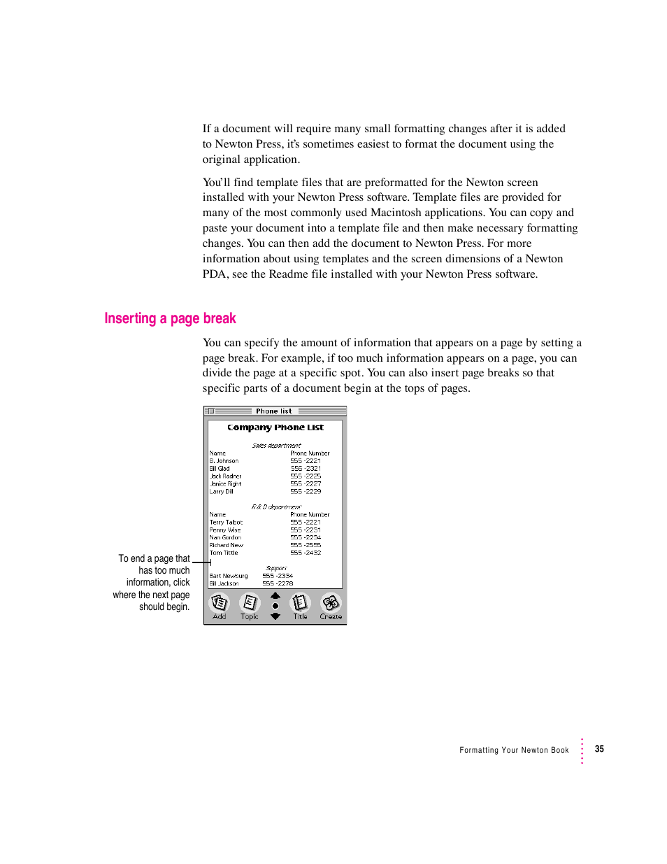 Inserting a page break | Apple Newton Press (Macintosh) User Manual | Page 35 / 103