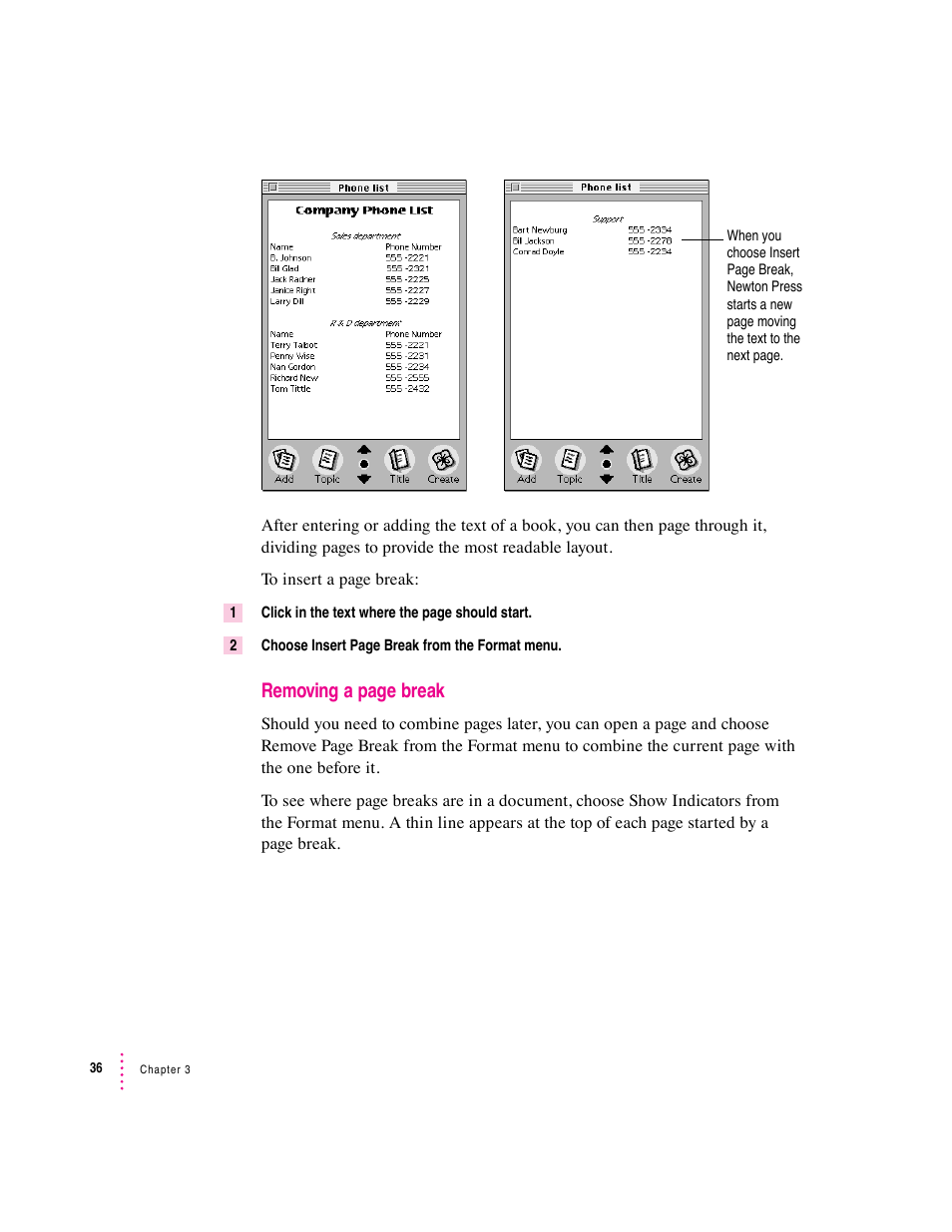 Removing a page break | Apple Newton Press (Macintosh) User Manual | Page 36 / 103