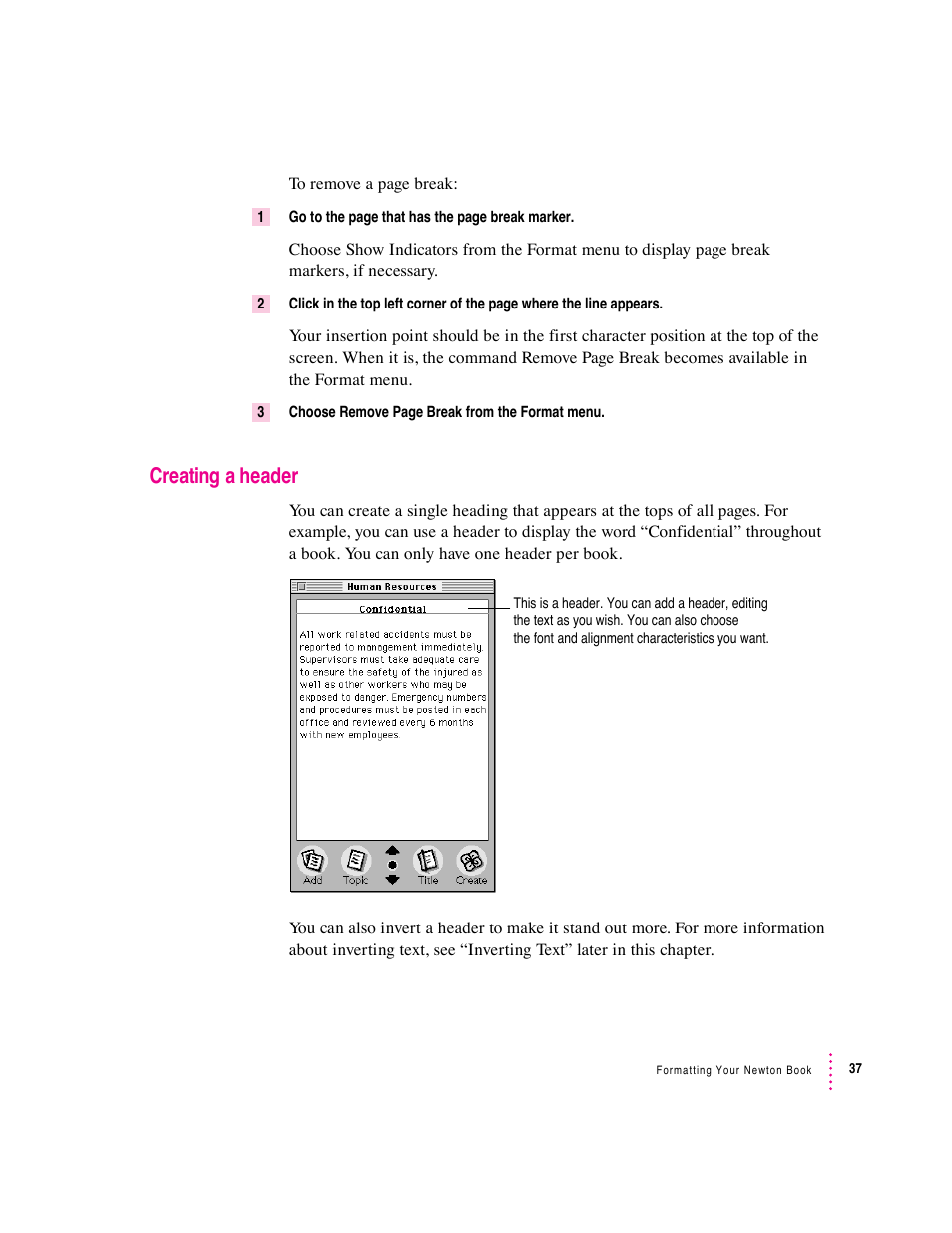 Creating a header | Apple Newton Press (Macintosh) User Manual | Page 37 / 103