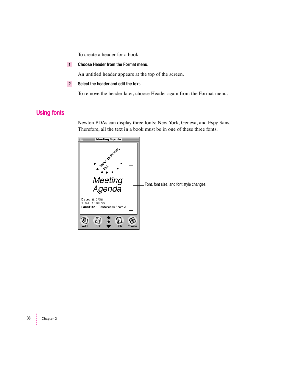 Using fonts | Apple Newton Press (Macintosh) User Manual | Page 38 / 103