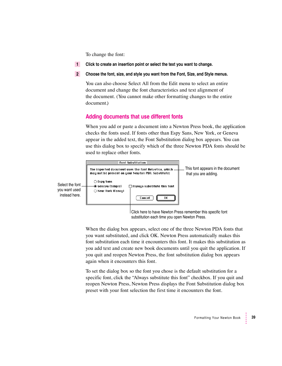 Adding documents that use different fonts | Apple Newton Press (Macintosh) User Manual | Page 39 / 103