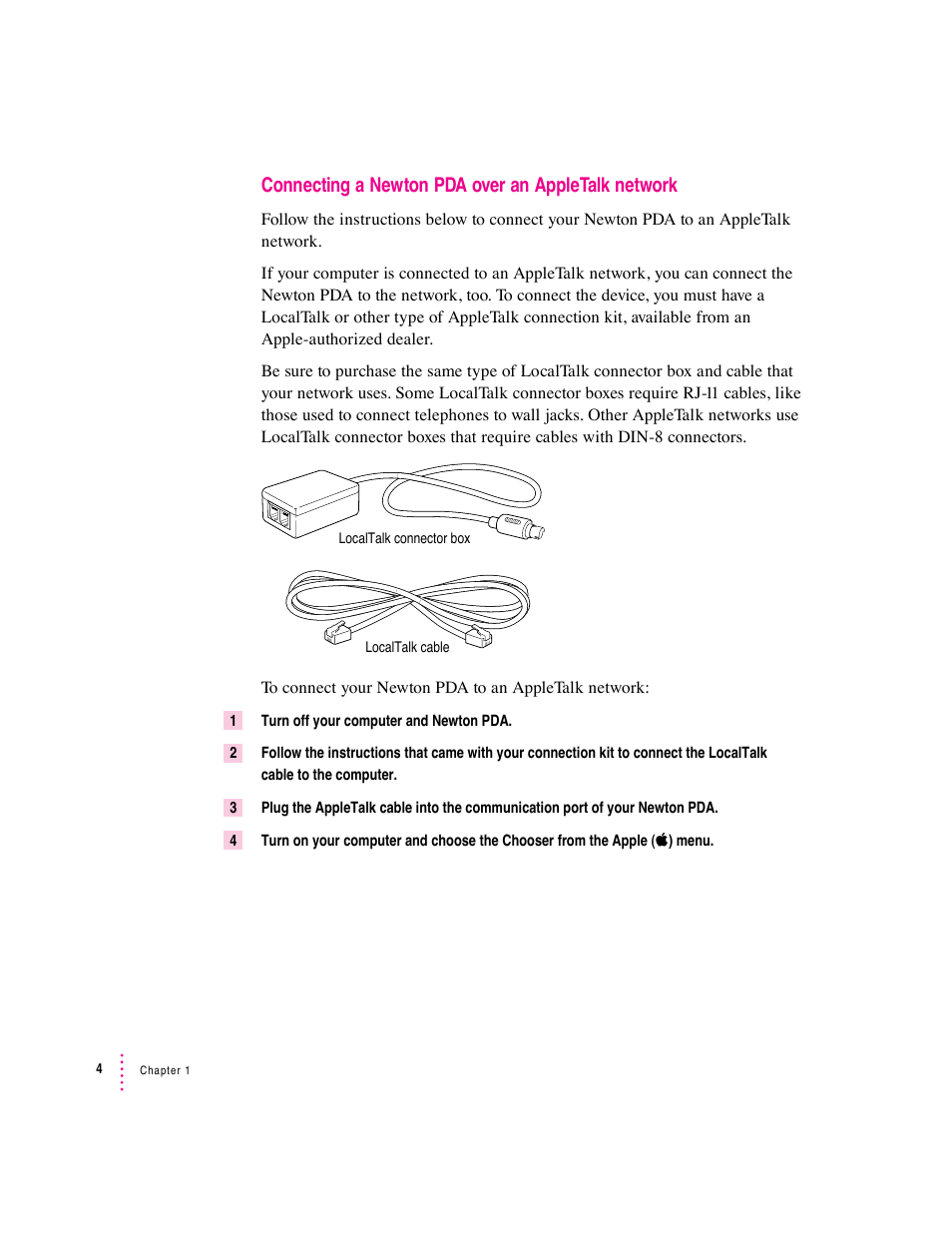 Connecting a newton pda over an appletalk network | Apple Newton Press (Macintosh) User Manual | Page 4 / 103