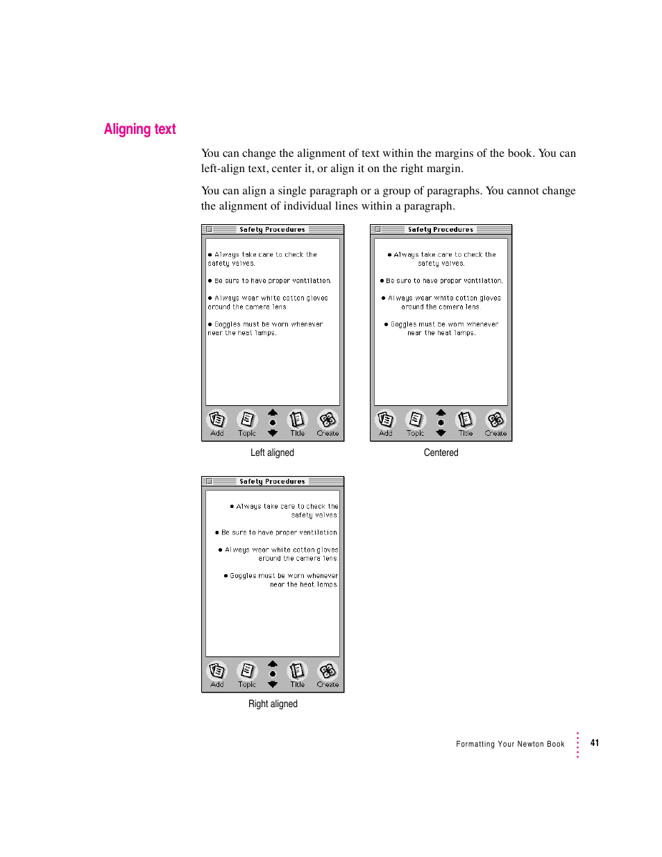 Aligning text | Apple Newton Press (Macintosh) User Manual | Page 41 / 103