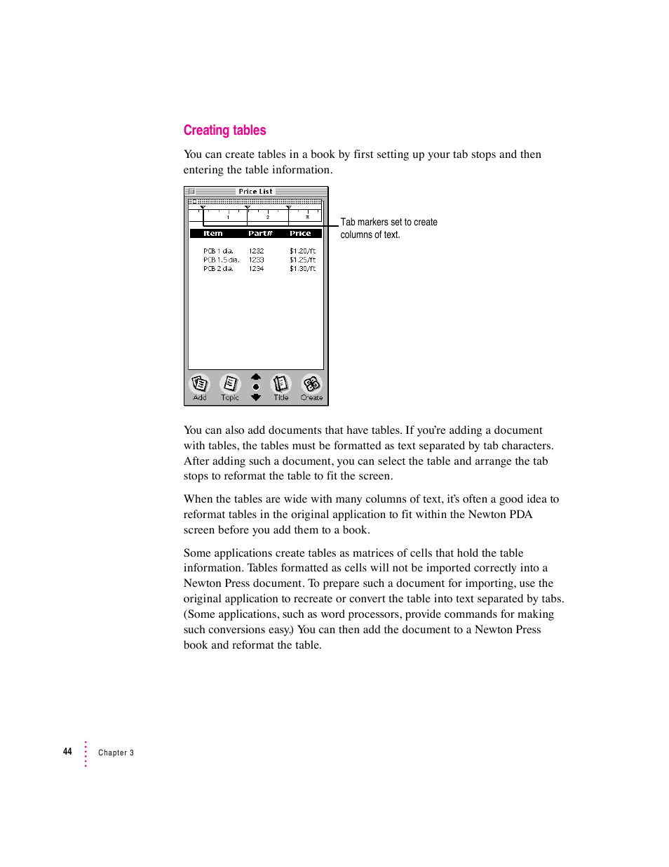 Creating tables | Apple Newton Press (Macintosh) User Manual | Page 44 / 103