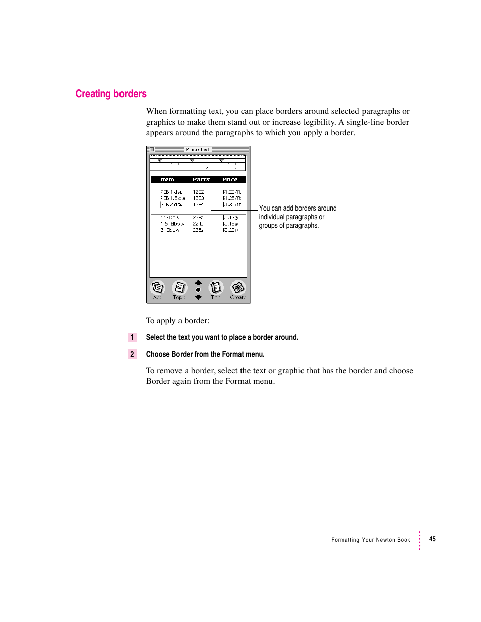 Creating borders | Apple Newton Press (Macintosh) User Manual | Page 45 / 103