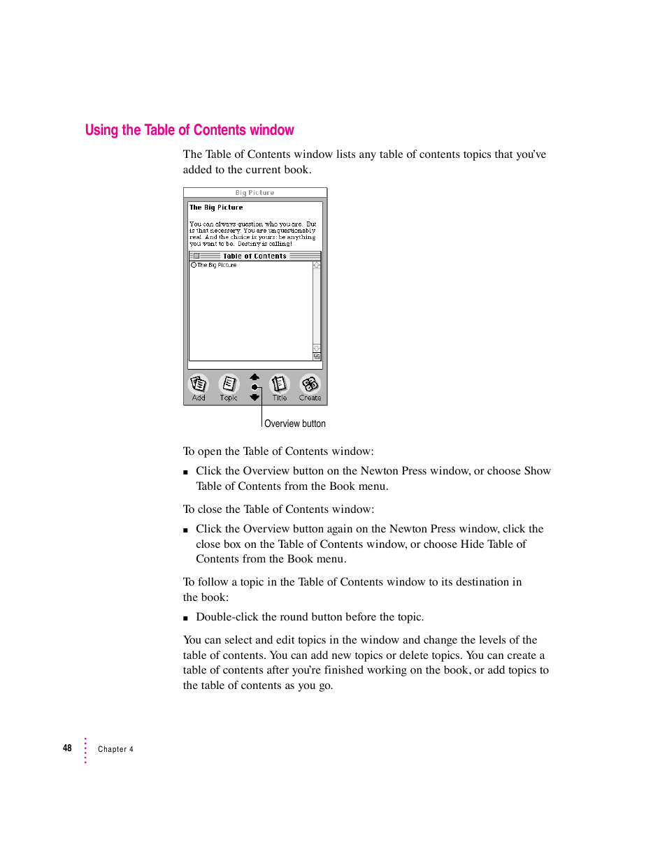 Using the table of contents window | Apple Newton Press (Macintosh) User Manual | Page 48 / 103