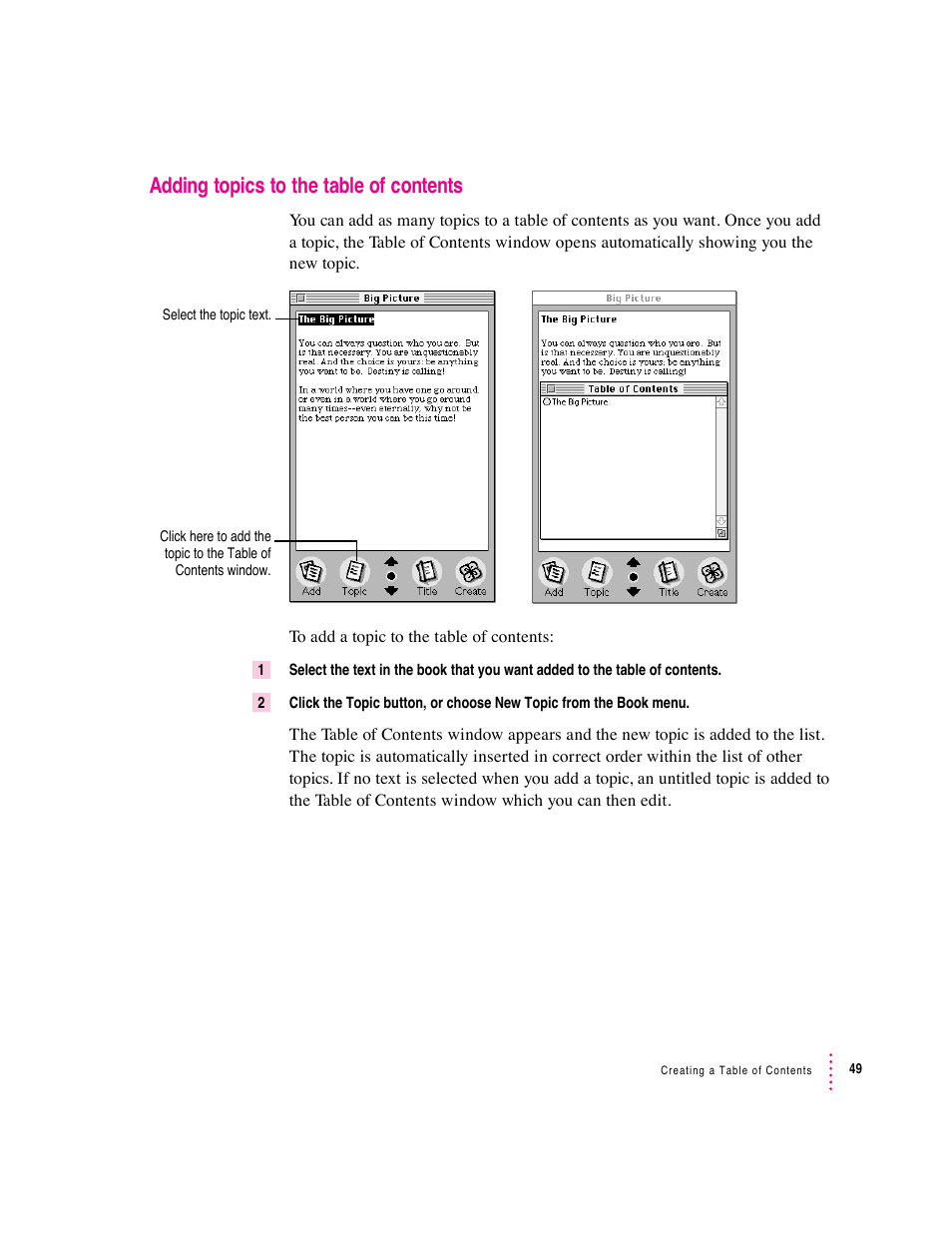 Adding topics to the table of contents | Apple Newton Press (Macintosh) User Manual | Page 49 / 103