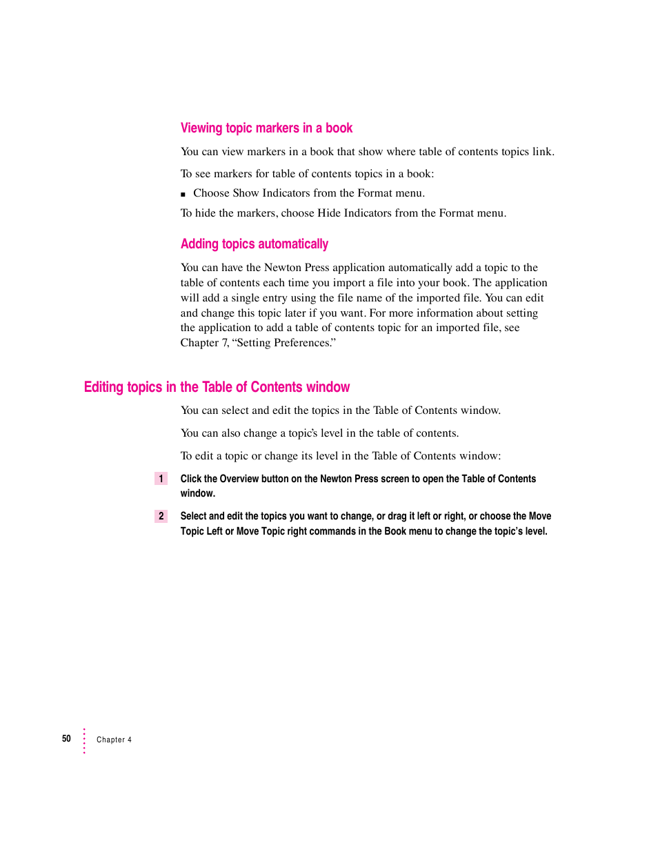 Editing topics in the table of contents window | Apple Newton Press (Macintosh) User Manual | Page 50 / 103