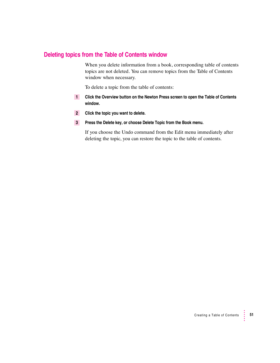 Deleting topics from the table of contents window | Apple Newton Press (Macintosh) User Manual | Page 51 / 103