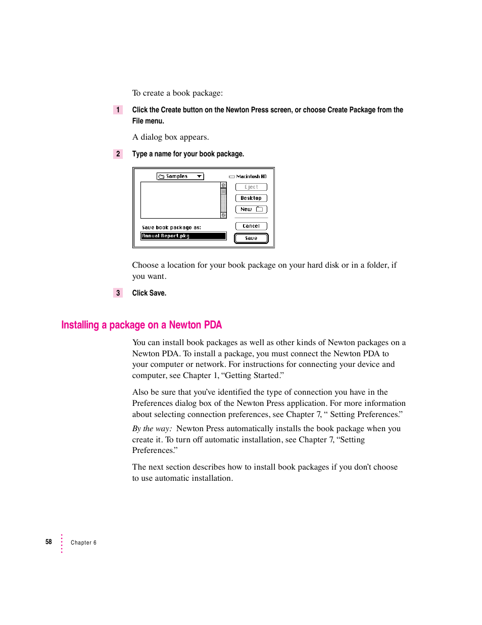 Installing a package on a newton pda | Apple Newton Press (Macintosh) User Manual | Page 58 / 103