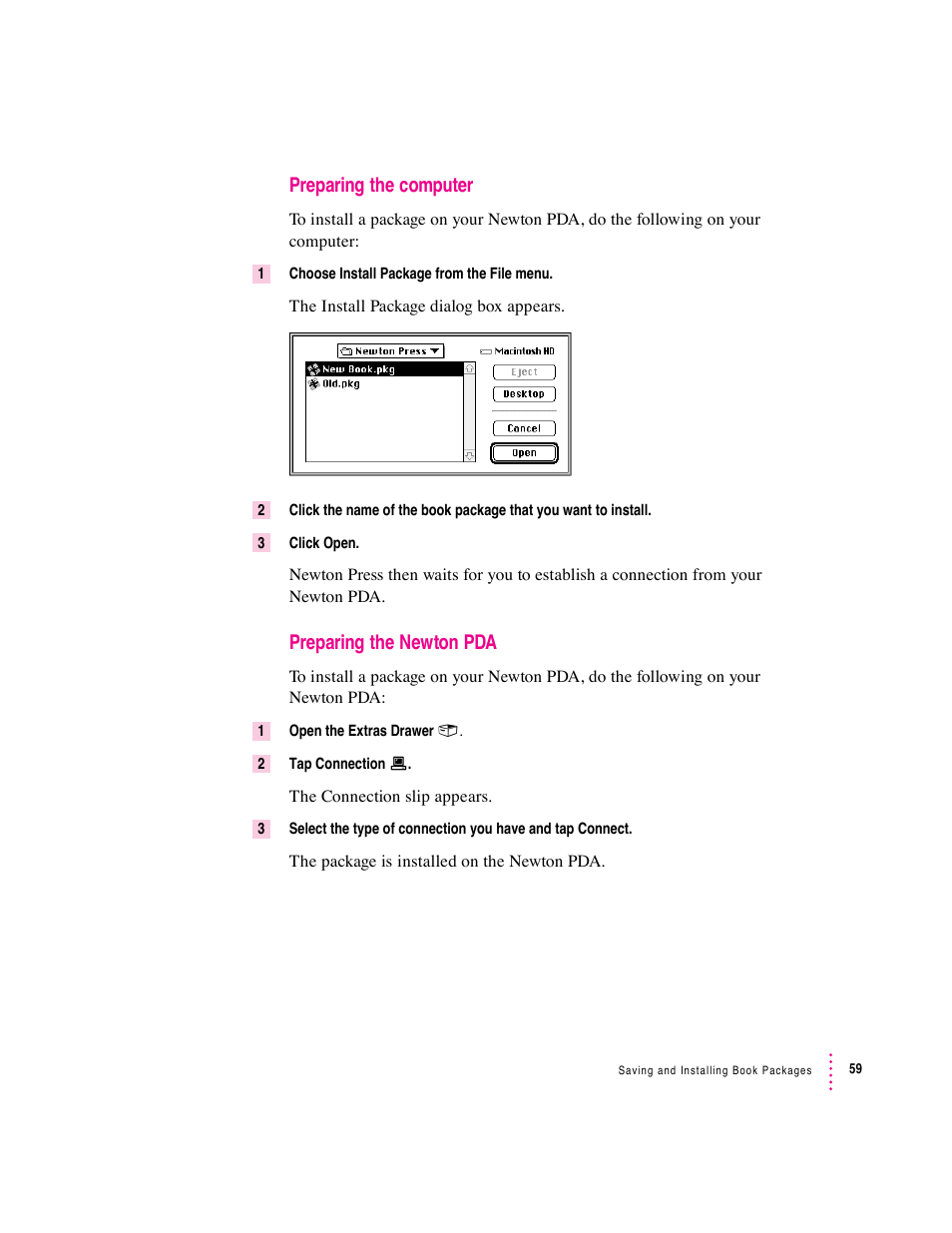 Preparing the computer, Preparing the newton pda | Apple Newton Press (Macintosh) User Manual | Page 59 / 103