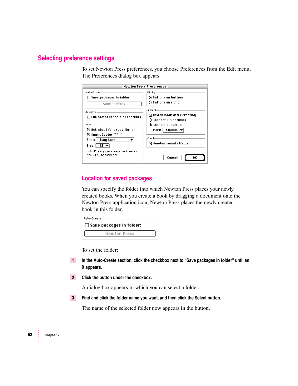 Selecting preference settings, Location for saved packages | Apple Newton Press (Macintosh) User Manual | Page 62 / 103